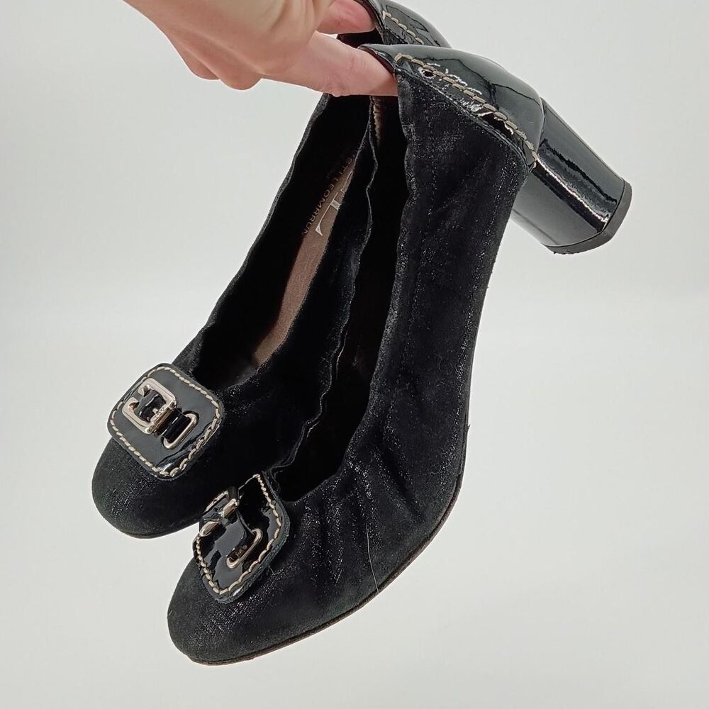 AGL Black Velvet Pumps Leather Buckle Block Heel Made in Italy EU 40 9.5
